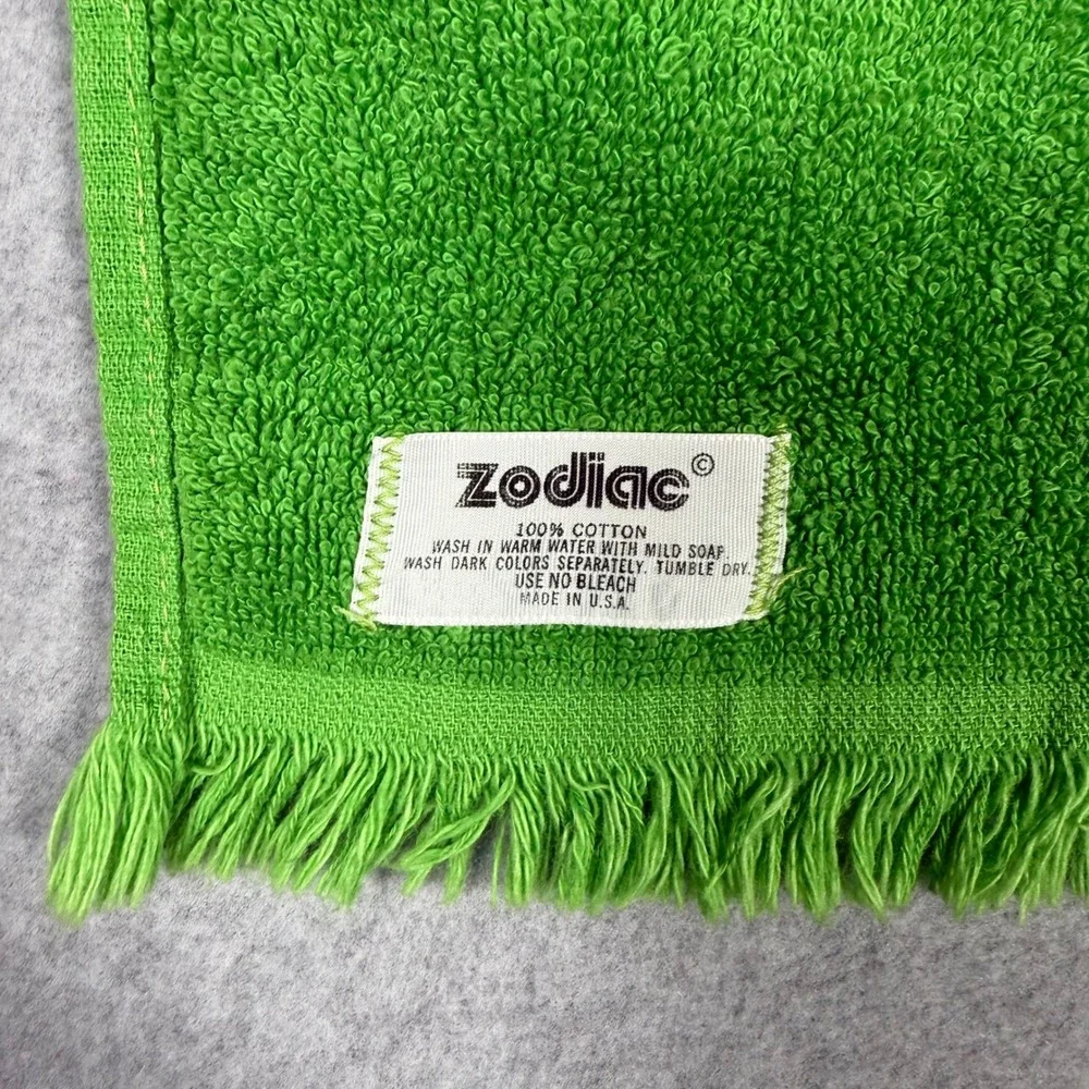 Vintage 70s Zodiac Green Christmas Tree Embroidered Cotton Hand Towel Fringe USA